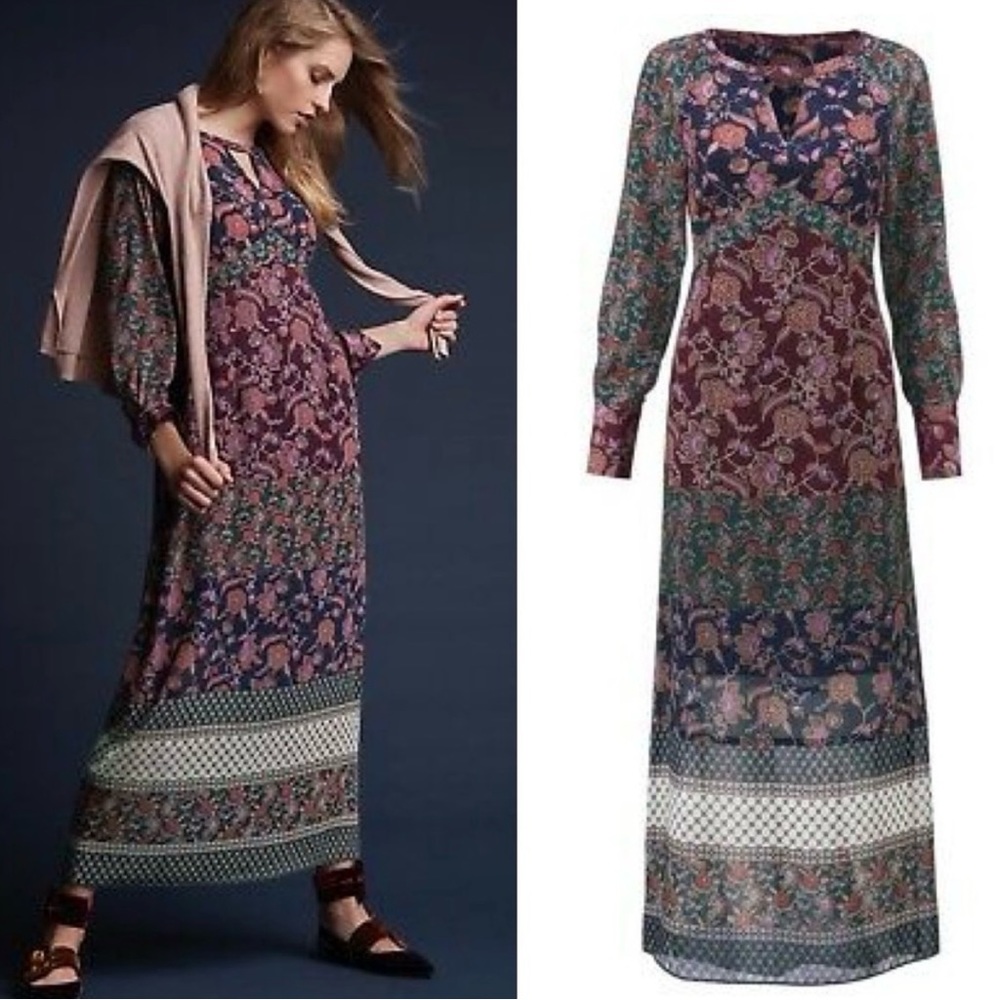 Cabi Multicolor Paisley Boho Long Sleeve Maxi Dress, Size Large